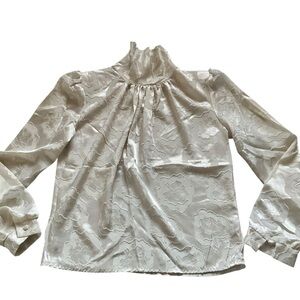 Vintage Daniela blouse white satin long sleeve jacquard pattern tuniek sz small